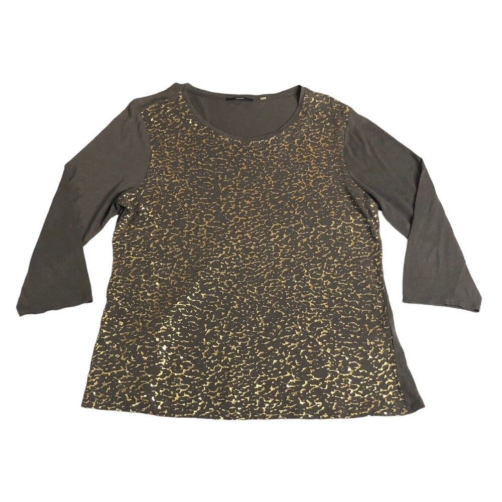 Tahari Top Womens Large Brown Gold Metallic Abstract Shimmer 3/4 Sleeve Cotton